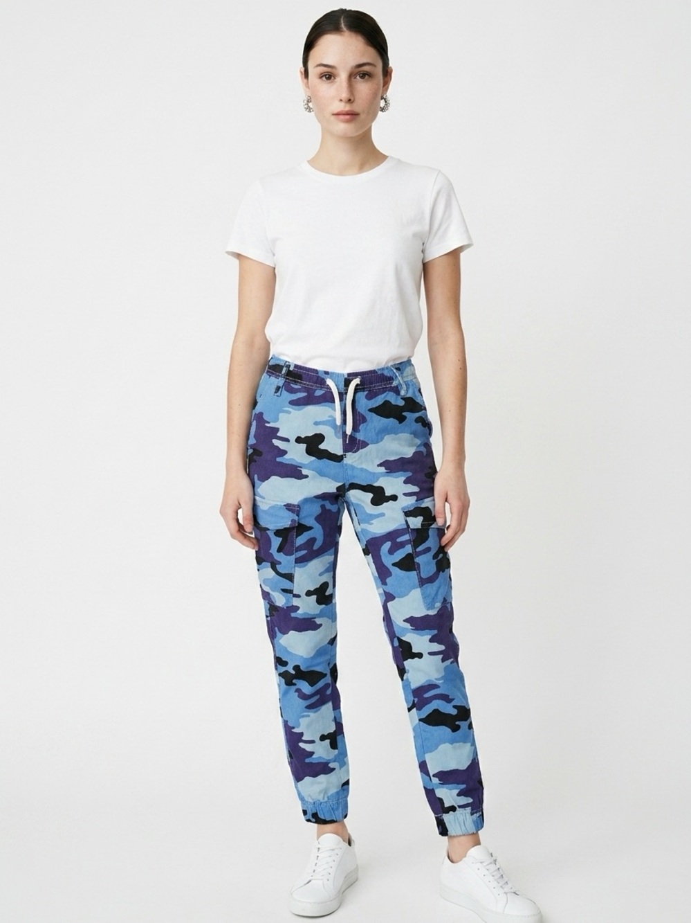 Kreamy Women's S Blue Camo Cargo Jogger Pullon Pants Elastic Waist Streetwear